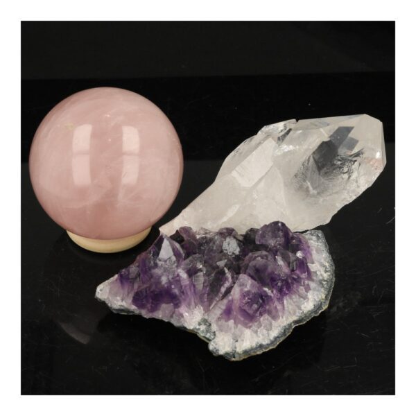 Fraaie gouden driehoek met topkwaliteit amethist, bergkristal en rozenkwarts