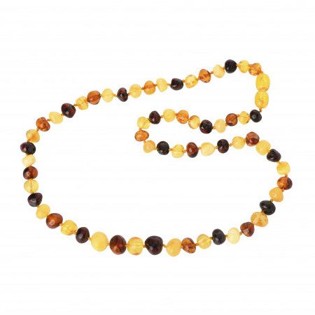 Barnsteen ketting met verschillende kleuren barnsteen en draaisluiting. De lengte is 45cm