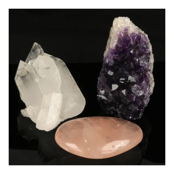 Mooie gouden driehoek set GD03 met hoge kwaliteit amethist, bergkristal en rozenkwarts
