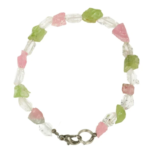 Fijne high energy armband met herkimer diamond, peridoot en roze toermalijn en passend bij een polsomtrek tot 17cm