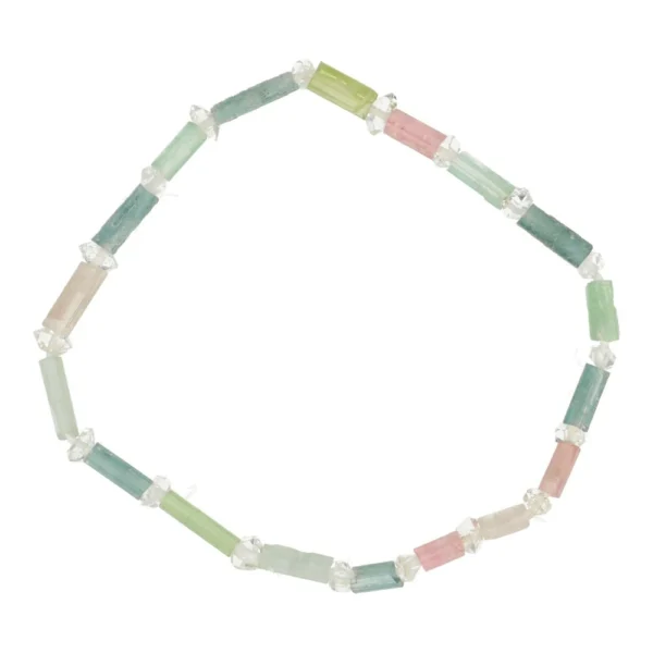 Unieke armband van blauwe, groene en roze toermalijn kristallen met natuurlijke Pakistaanse Herkimer diamonds